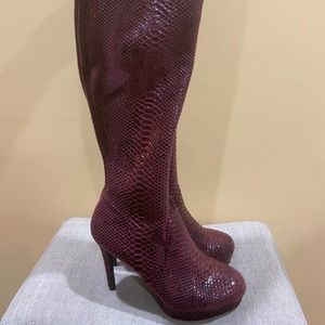 Wine Snakeskin Thigh High Platform Boots
